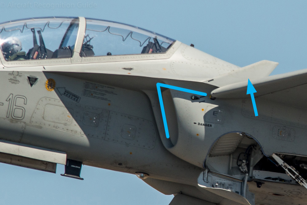 Like on the Kawasaki T-4 the air intakes are rectangular and at a slight angle with regard to the air flow. Note the typical fin at the junction of the wing leading edge extension and wings themselves. Image