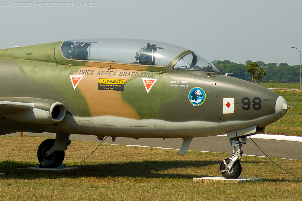 The MB326 features a long bubble canopy that covers both seats. Also typical are the small, rounded rectangular air intakes in the wing roots. Image