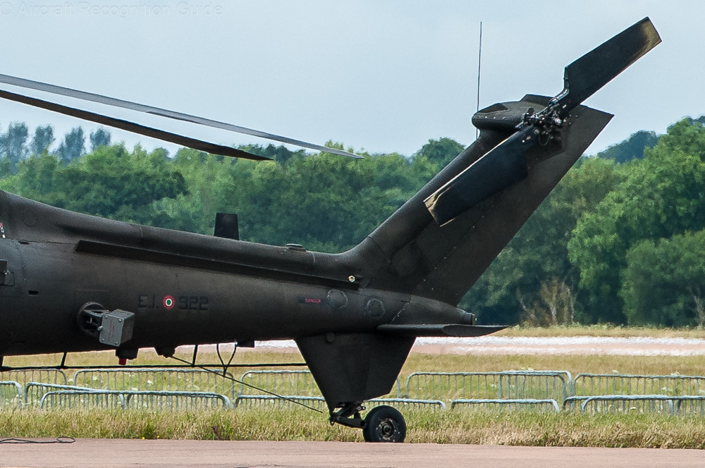 The A129 Mangusta has a two blade tail rotor, not often seen in modern helicopters. Typical is the ventral fin with the tail wheel. Image
