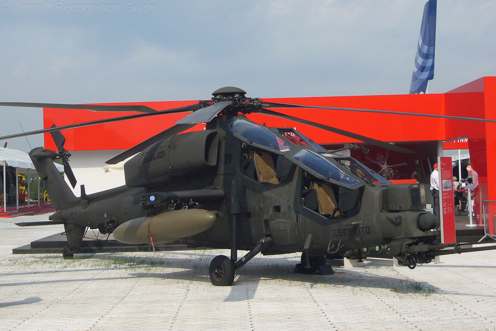 On this A129C both sensor housings on the nose are turned to show the sensors inside. The five main rotor blades and gun turret are also well visible. Image