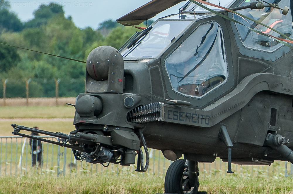 Looking closer at the front of the A129D you can better see a spherical turret like on the T129, but also a barrel shaped sensor below in the closed position. Image