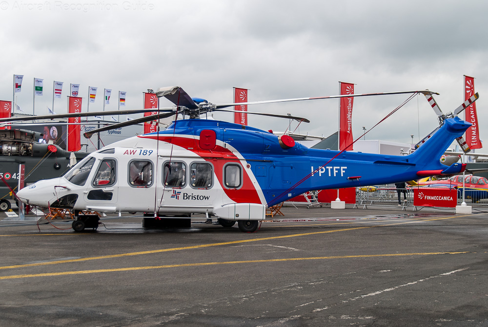 The AW189 is the civil version of the AW149. Note the fourth cabin window, short strake on the tail boom and main gear sponsons that can cover the wheels when the main gear is retracted. Image