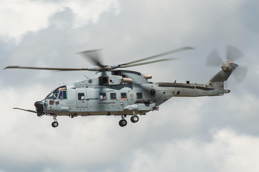 The 1+3+1 cabin window configuration on the left side of the AW101 Mk611, aka HH-101A, is apparent, as is the optional refueling probe. Image