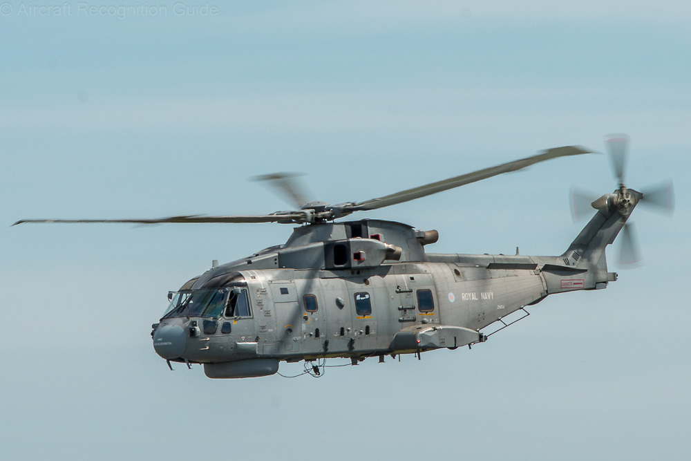 A Merlin HM2 in full flight, recognised only by the two swept blade antennas under the nose, in absence of the 'Crowsnest' radar. Image