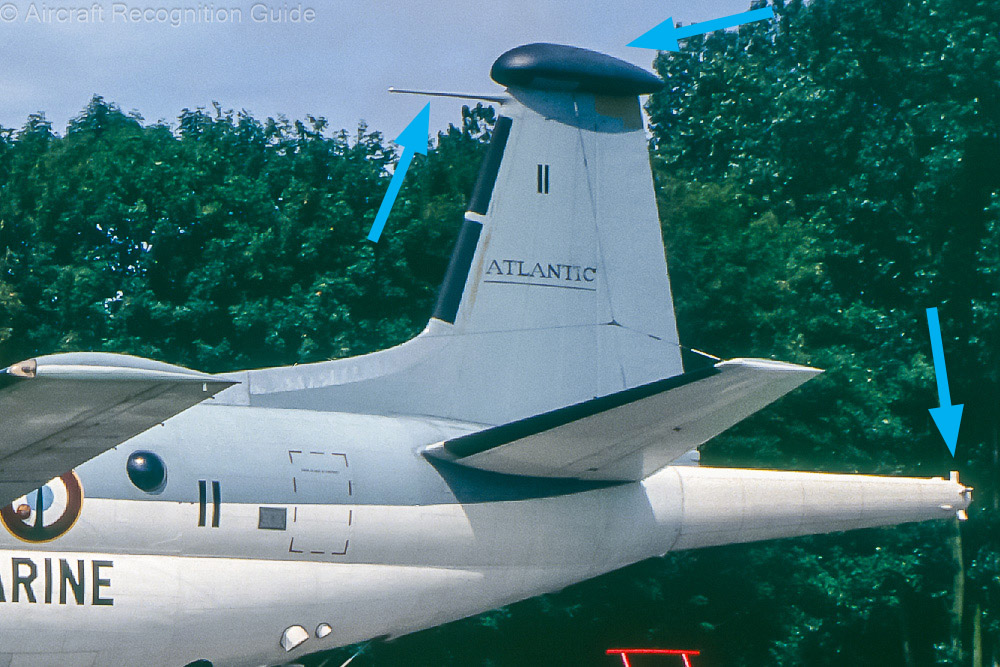 The Atlantic has a forward pointing antenna at the top of the vertical fin, just below the droplet shaped radome. Also note the strakes at the end of the MAD boom. Image