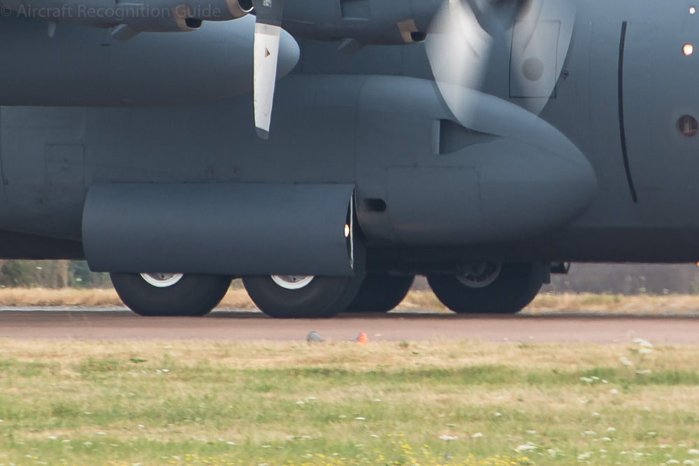 To be able to operate from unprepared runways the C-130 has two big tandem wheels on each main landing gear. Image