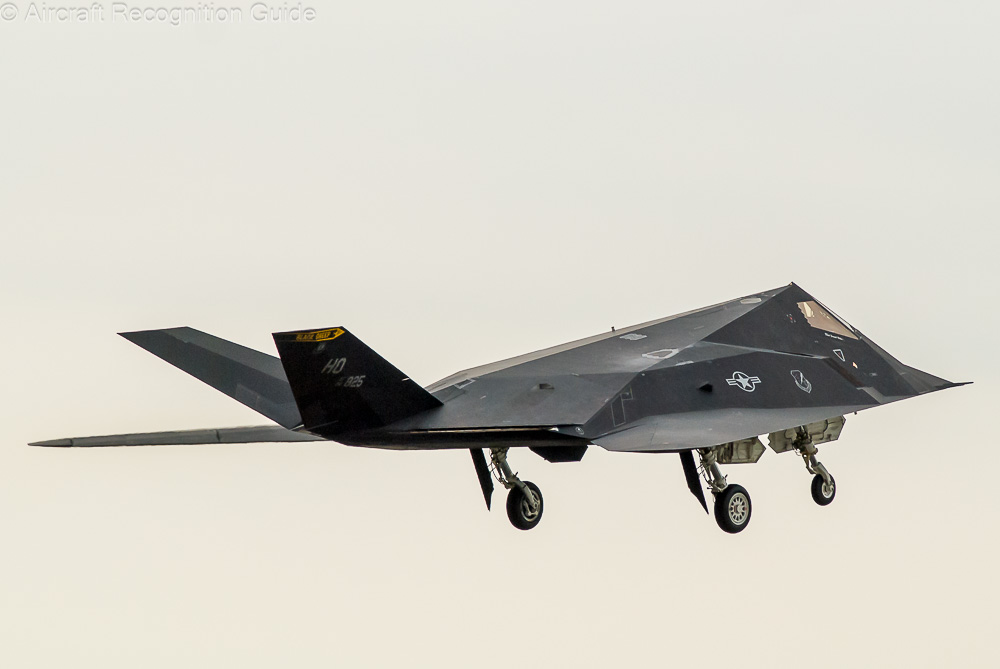 This rear view shows the V-tail and long, narrow exhausts of the two engines of the Nighthawk. Image
