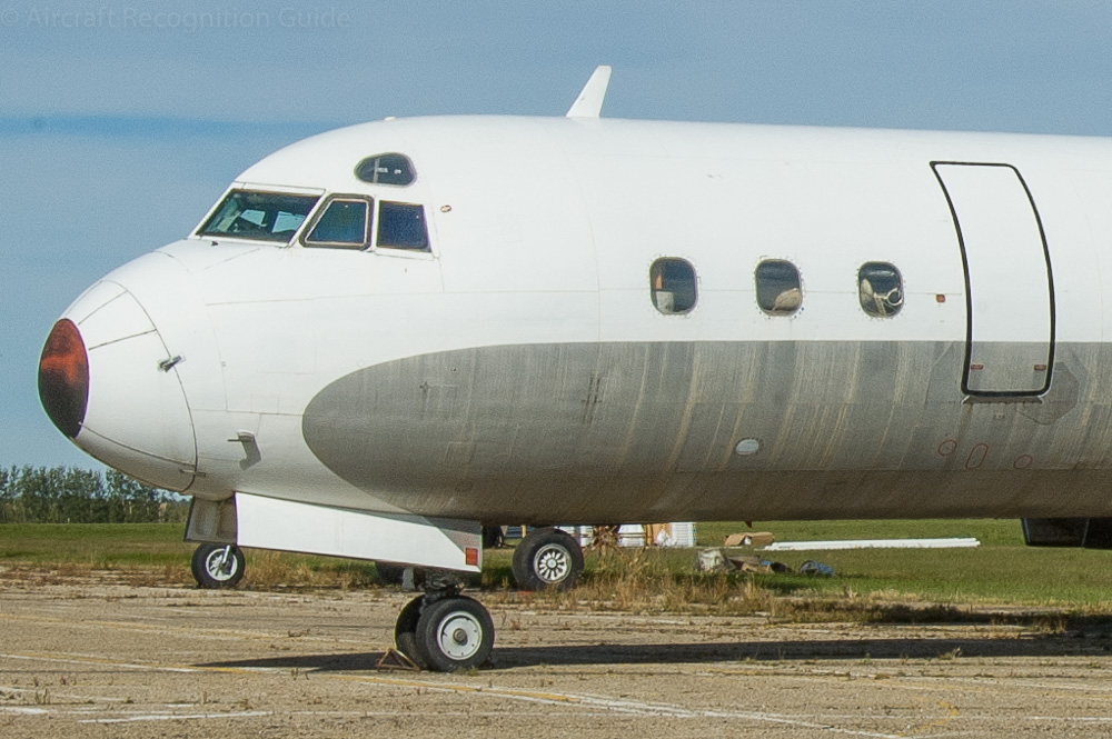 The nose of the Lockheed Electra is almost perfectly round, one of the key features of the aircraft. Note the flat cockpit windows with one sort of triangular eyebrow window above. Behind are the square cabin windows with rounded corners. Image