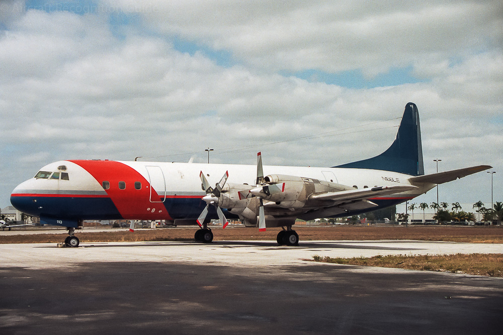 Electras were originally built as passenger aircraft with a lot of cabin windows, like shown here on an L-188C. Not that the front cabin door is not directly behind the cockpit but further aft. Image