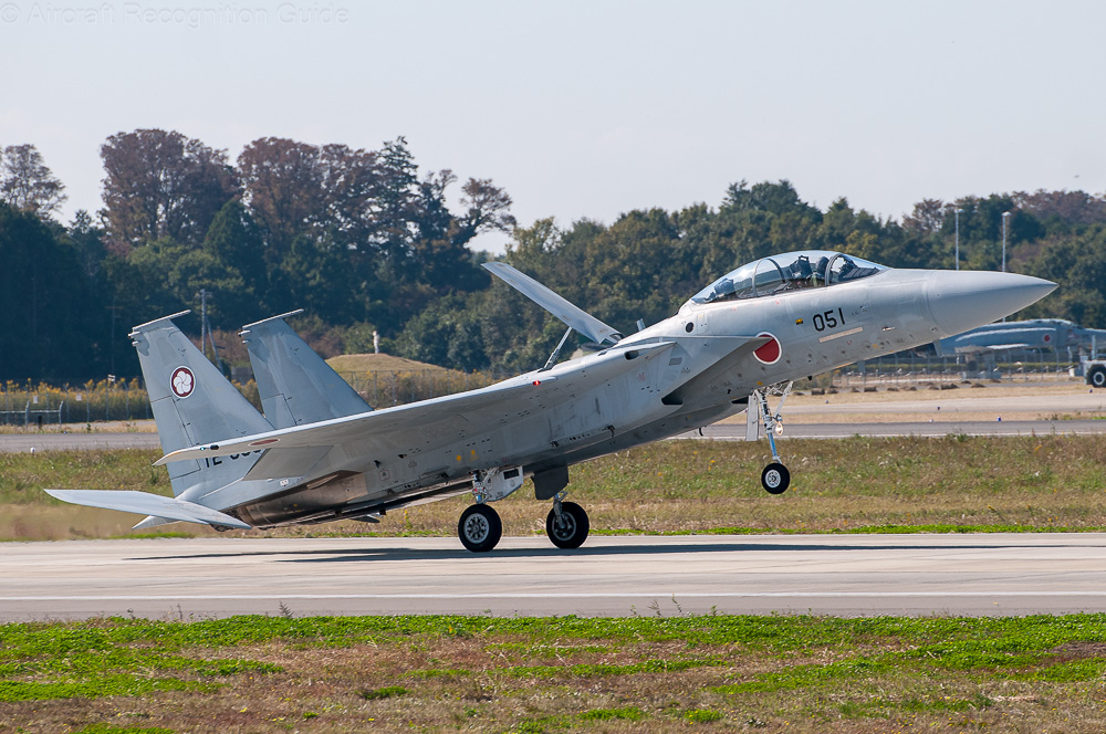 An F-15DJ shows its extended speed brake after landing. Note the second, non-occupied seat. Image