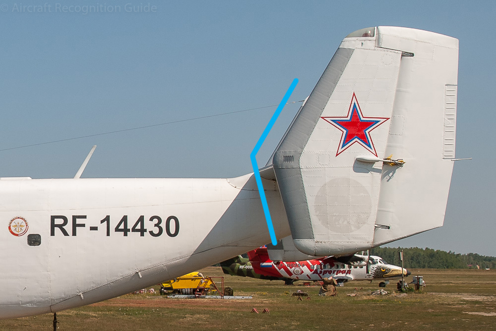 The vertical stabilisers of the An-28/M28 have a sweep that is different above and below the horizontal stabiliser, creating a typical dented leading edge. Image