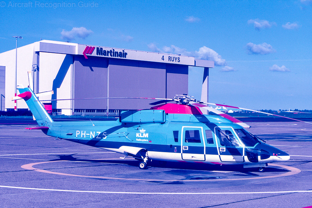This S-76B, with its distinctive flat engine nacelles, is equipped with a radar nose, leading to a slightly different shape. Image